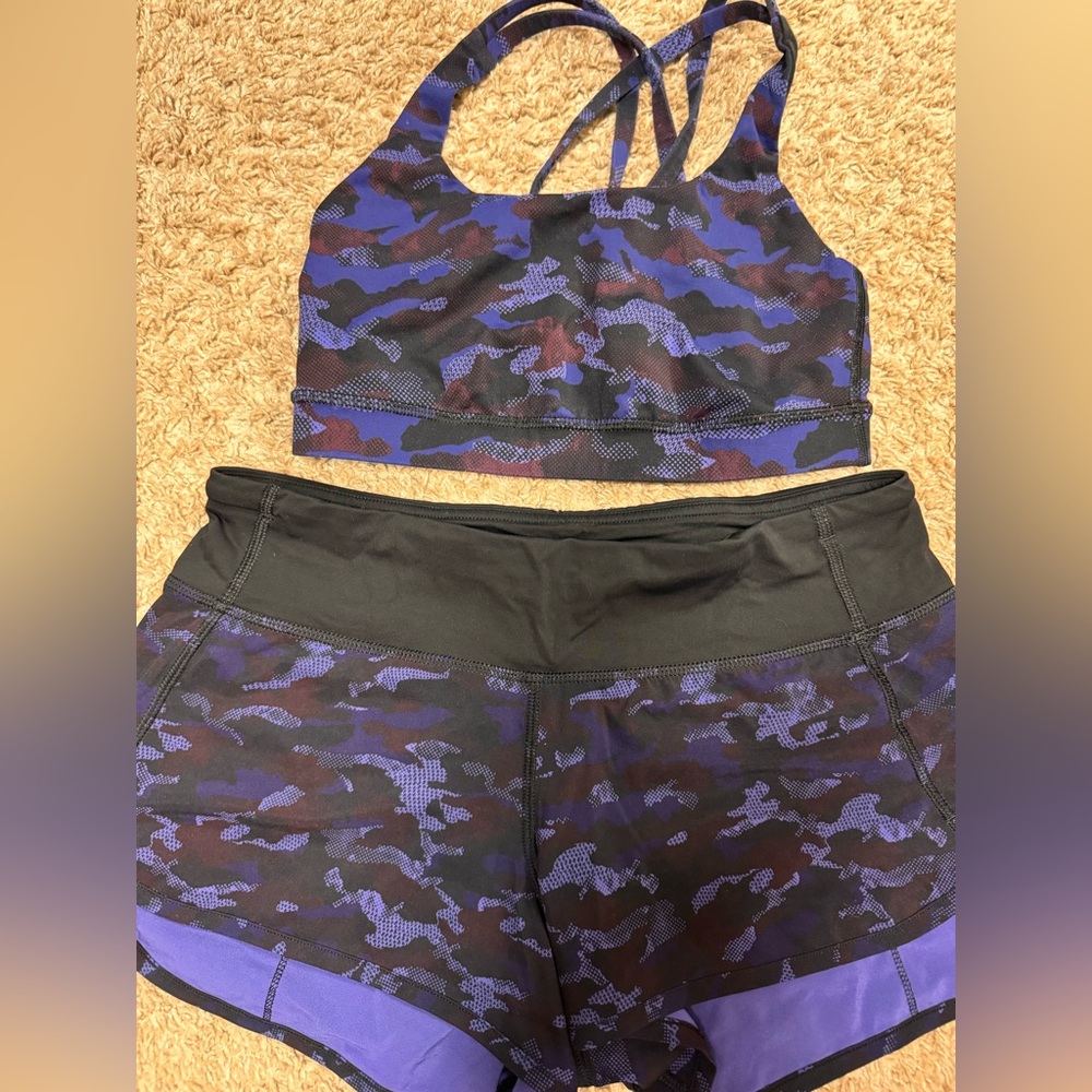 Lululemon size 4 energy bra and 2.5” speed shorts houndstooth camo print EUC